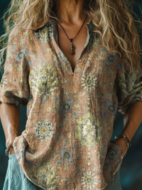Women's Retro Ethnic Totem Pattern Casual Linen V-neck Shirt
