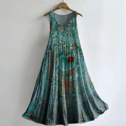 Women's Vintage Floral Art Print Sleeveless Cotton Pocket Dress