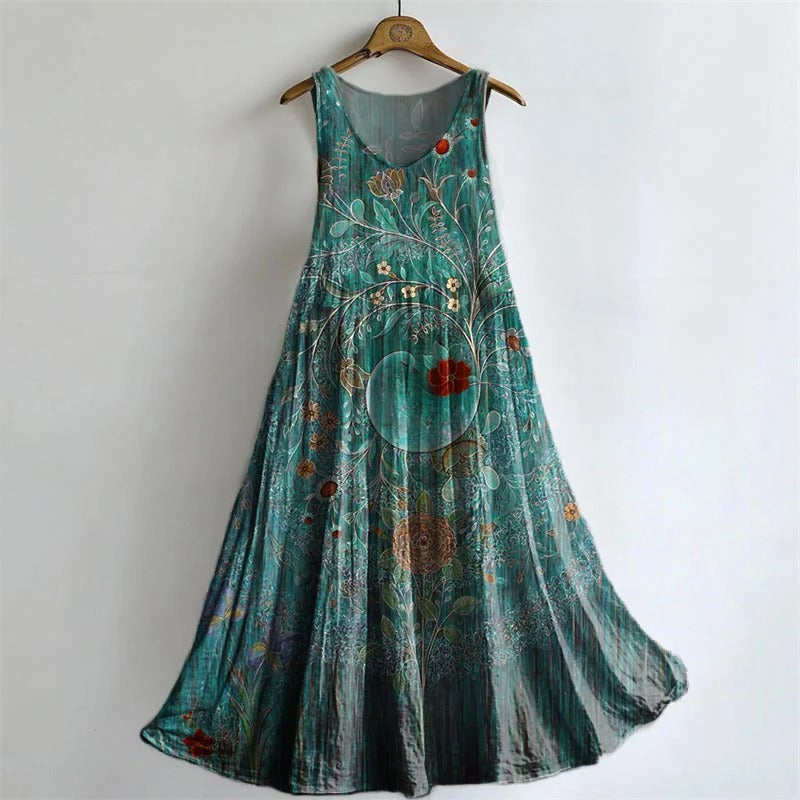 Women's Vintage Floral Art Print Sleeveless Cotton Pocket Dress