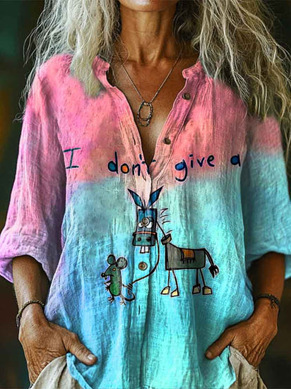 I Don’t Give A Funny Donkey Letter Print Casual Linen V-neck Shirt