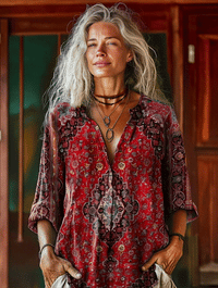 Women's Vintage Ethnic Floral Art Print Casual Cotton Linen Shirt