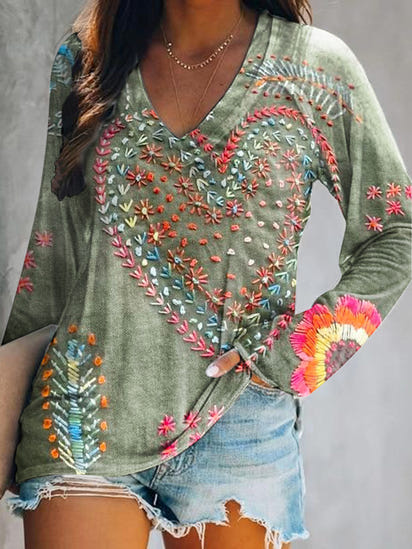 Women's Vintage Bohemian Floral Art Print Casual V Neck Long Sleeve Tops