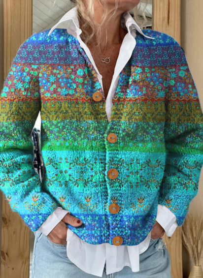 Colorful Stripes Floral Print Buttoned Cardigan Sweater