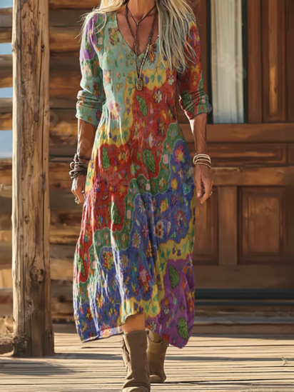 Women's Bohemian Floral Wavy Collage Art Pattern Print Pocket Cotton Dress