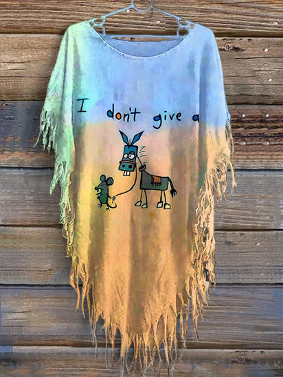I Don’t Give A Funny Donkey Letter Print Casual Linen V-neck Shirt