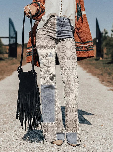 Women's Vintage Collage Art Print Casual Wide Leg Pants