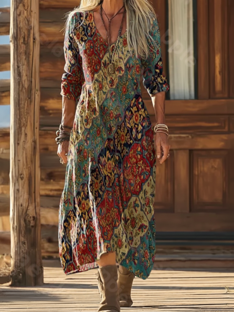 Women's Bohemian Floral Wavy Collage Art Pattern Print Pocket Cotton Dress