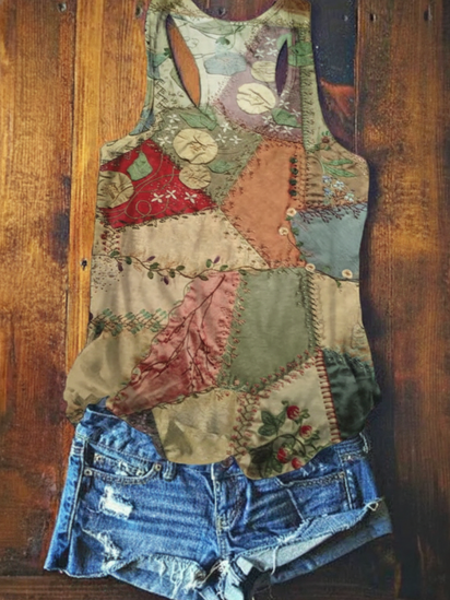 Vintage Patchwork Print Linen Tote Bag