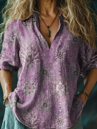 Women's Retro Ethnic Totem Pattern Casual Linen V-neck Shirt