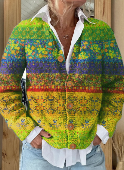 Colorful Stripes Floral Print Buttoned Cardigan Sweater