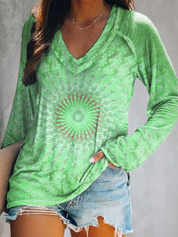 Women's Casual Kaleidoscope Tie Dye Art Print V Neck Long Sleeve Tops