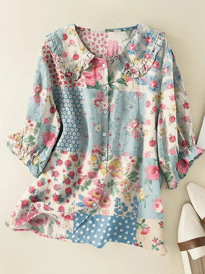 Women's  Flower Art  Print   Linen Pocket Skirt