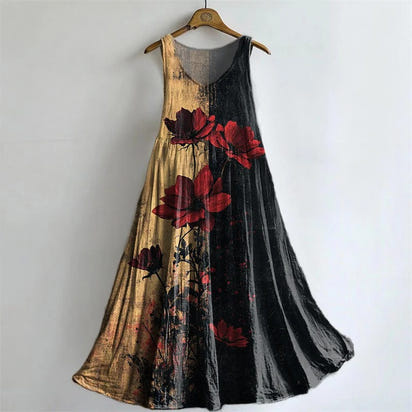 Women's Vintage Floral Art Print Sleeveless Cotton Pocket Dress