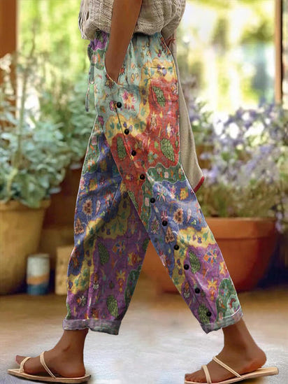 Women's Boho Floral Wave Collage Art Print Cotton And Linen Casual Pants