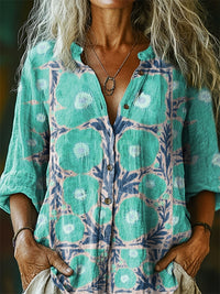 Women's Floral Pattern Art Print Casual Cotton Linen Shirt