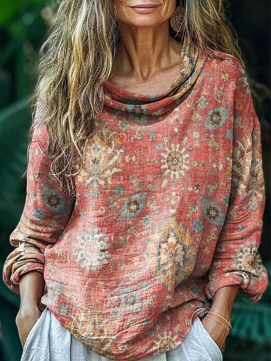 Women's Retro Ethnic Totem Art Print Casual Stacked Lapel Long Sleeve Cotton Shirt