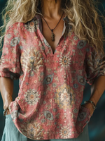 Women's Retro Ethnic Totem Pattern Casual Linen V-neck Shirt
