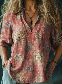 Women's Retro Ethnic Totem Pattern Casual Linen V-neck Shirt