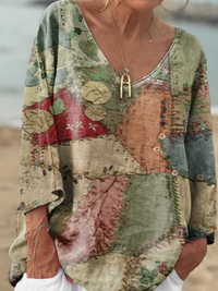 Vintage Patchwork Print Linen Tote Bag