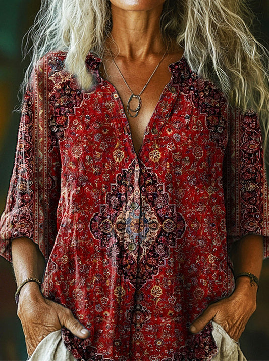 Women's Vintage Ethnic Floral Art Print Casual Cotton Linen Shirt