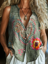 Women's Vintage Bohemian Floral Art Print Casual V Neck Long Sleeve Tops