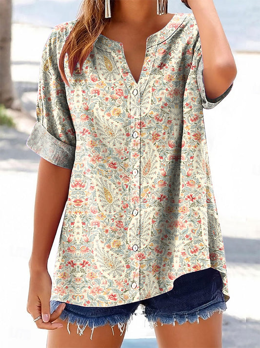 Women's Vintage Perlis Floral Art Printed Casual Short Sleeve Cotton and Linen Shirt