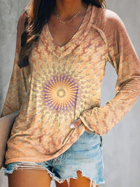 Women's Casual Kaleidoscope Tie Dye Art Print V Neck Long Sleeve Tops