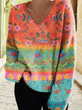 Women's Vintage Floral Panel Casual V-Neck Pullover Knit Sweater - Multicolor / M