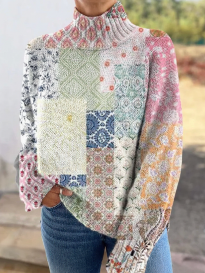 Women's Floral Panel Casual V Neck Pullover Sweater