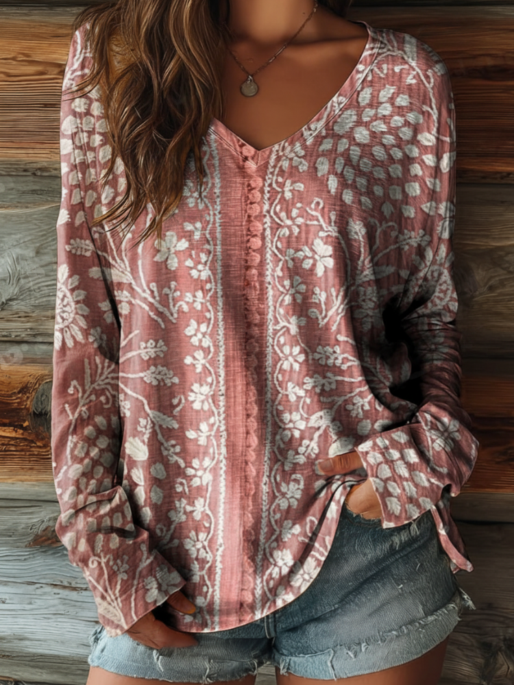Women's Vintage Ethnic Floral Art Print Casual V-neck Long Sleeve T-shirt