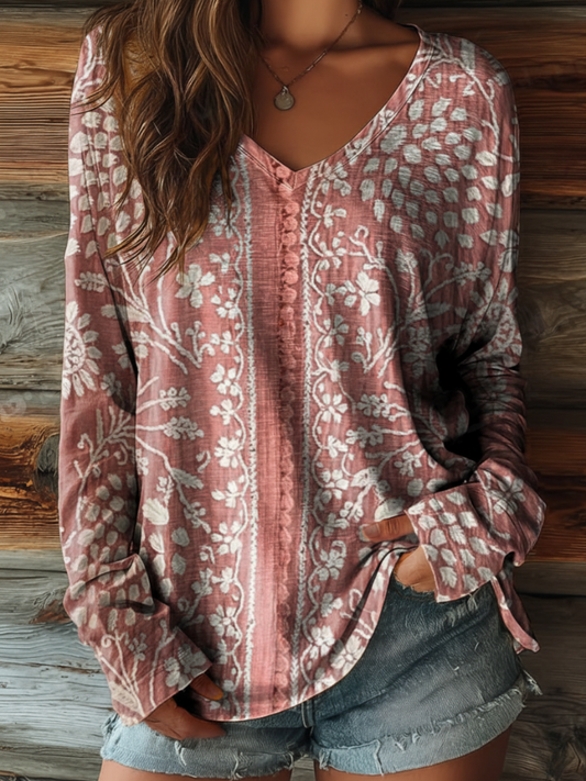 Women's Vintage Ethnic Floral Art Print Casual V-neck Long Sleeve T-shirt