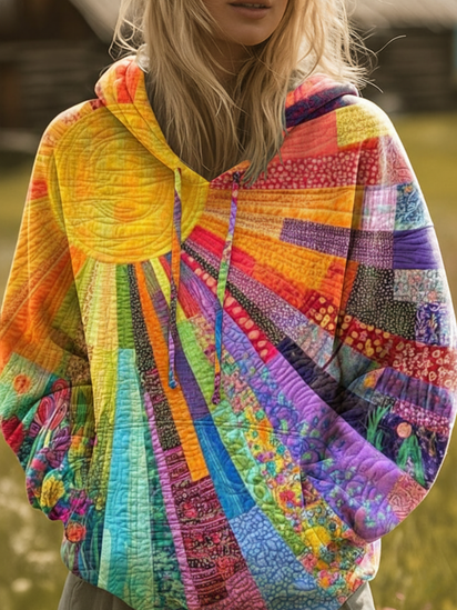 Bohemian Multicolor Patchwork Sun Pattern Art Print Casual Hoodie