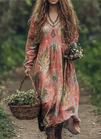 Women's Bohemian Ethnic Pattern Print V Neck Pocket Cotton Dress