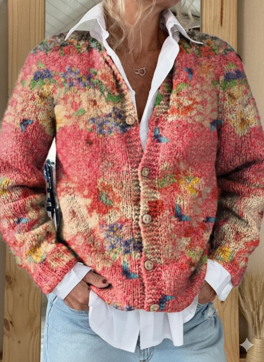 Colorful Stripes Floral Print Buttoned Cardigan Sweater
