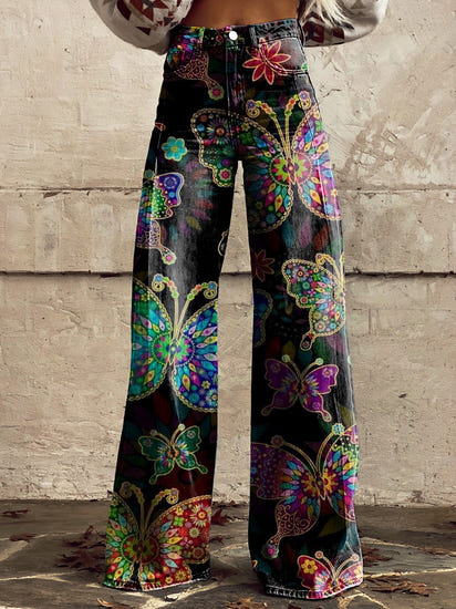 Women's Colorful Butterfly Print Casual Wide Leg Pants