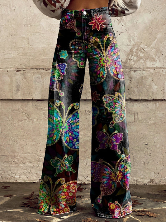 Women's Colorful Butterfly Print Casual Wide Leg Pants