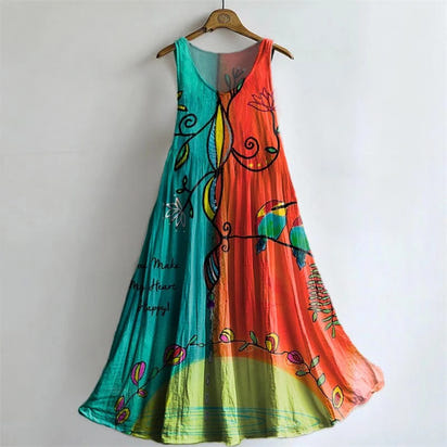 Women's Vintage Floral Art Print Sleeveless Cotton Pocket Dress