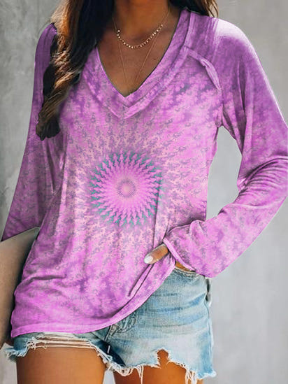 Women's Casual Kaleidoscope Tie Dye Art Print V Neck Long Sleeve Tops