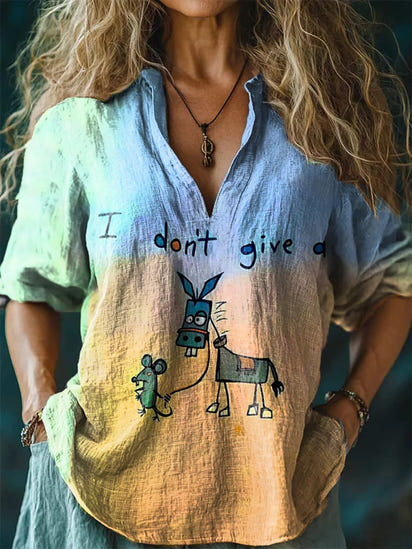 I Don’t Give A Funny Donkey Letter Print Casual Linen V-neck Shirt