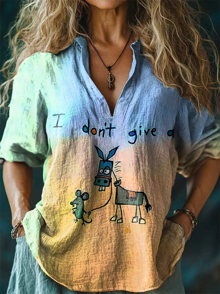 I Don’t Give A Funny Donkey Letter Print Casual Linen V-neck Shirt