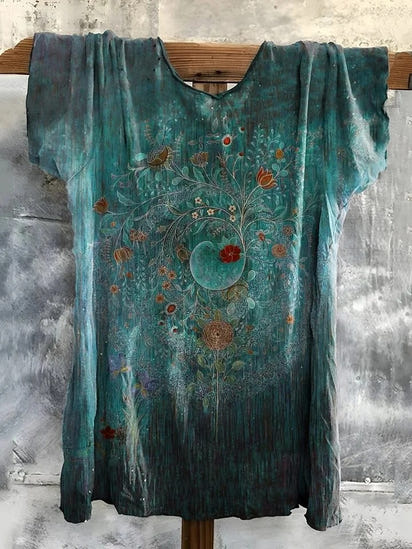 Women's Vintage Floral Art Print Casual Cotton Linen Shirt