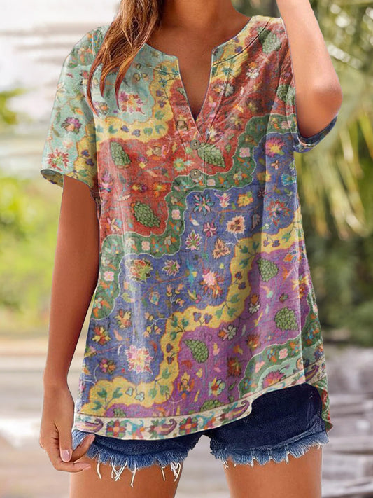 Women's Boho Floral Wave Collage Art Print Casual Cotton And Linen Shirt