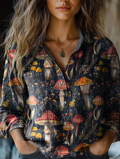 Women's Vintage Mushroom Art Print Casual Linen V-neck Shirt