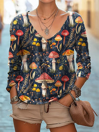 Women's Vintage Mushroom Art Print Casual Linen V-neck Shirt