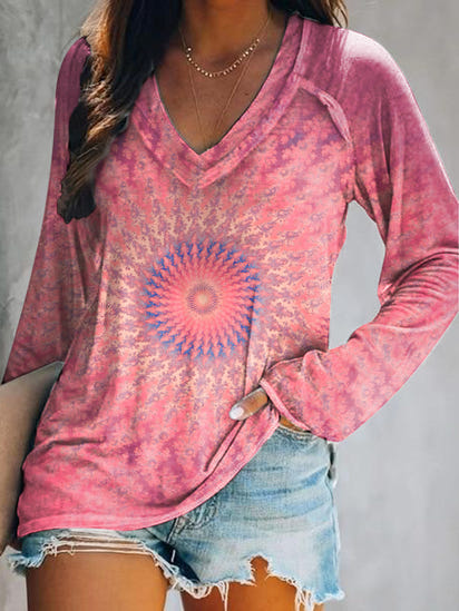 Women's Casual Kaleidoscope Tie Dye Art Print V Neck Long Sleeve Tops