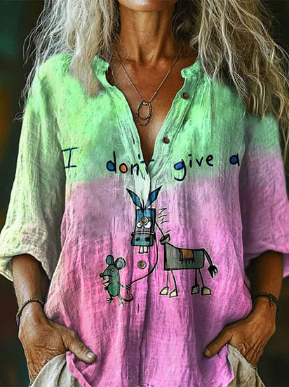 I Don’t Give A Funny Donkey Letter Print Casual Linen V-neck Shirt