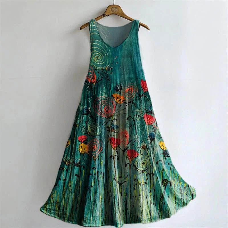 Women's Vintage Floral Art Print Sleeveless Cotton Pocket Dress