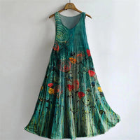 Women's Vintage Floral Art Print Sleeveless Cotton Pocket Dress