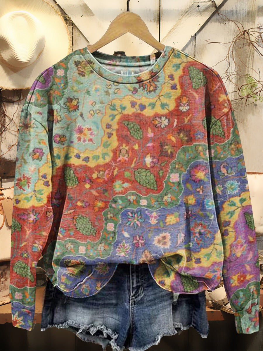 Women's Bohemian Floral Wavy Collage Art Pattern Print Pocket Cotton Dress