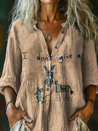 I Don’t Give A Funny Donkey Letter Print Casual Linen V-neck Shirt